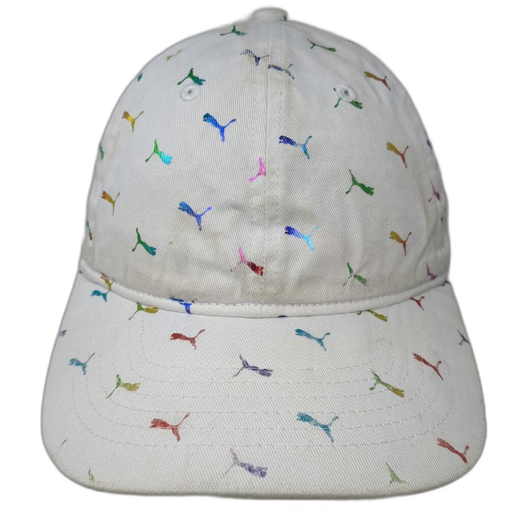Puma Baseball Cap White One Size Iridescent Rainbow Mini Logo Print Hat Buckle